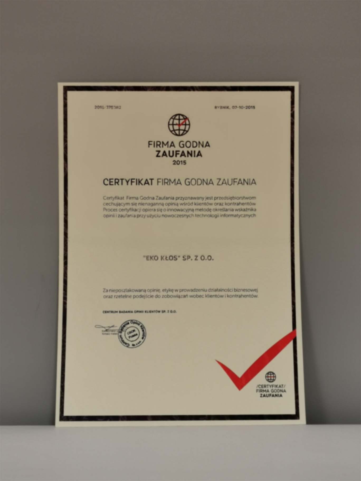 Certyfikat Firma Godna Zaufania 2015